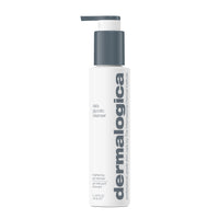 A white pump bottle of Dermalogica daily glycolic cleanser with gray text stands upright against a white background. This cleanser gently resurfaces dull skin for a radiant complexion.