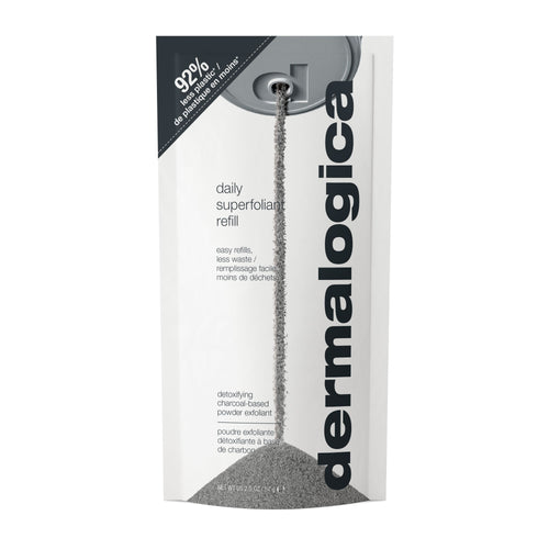 Dermalogica daily superfoliant refill comes in a white pouch, dispensing gray charcoal-based powder exfoliant with powerful anti-pollution benefits and 92% less plastic waste.