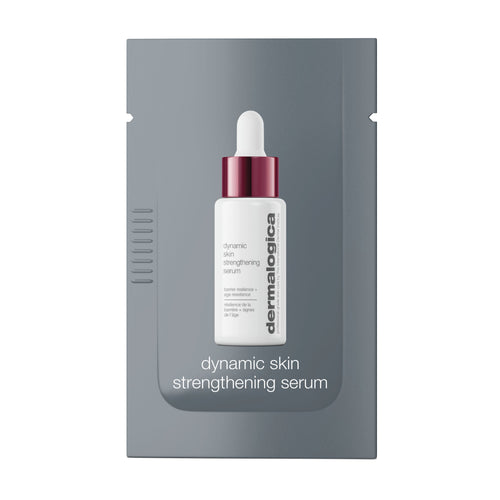 A sample packet of Dermalogica South Africa dynamic skin strengthening serum is shown with a white dropper bottle, dark cap, and gray background; the product name appears below.