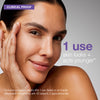 A woman with smooth, glowing skin touches her face and smiles. Text: 1 use of Dermalogica South Africa phyto nature e² regenerating daily exosome leave-on treatment makes skin look and act younger, visibly reducing fine lines and wrinkles. Clinical proof below.
