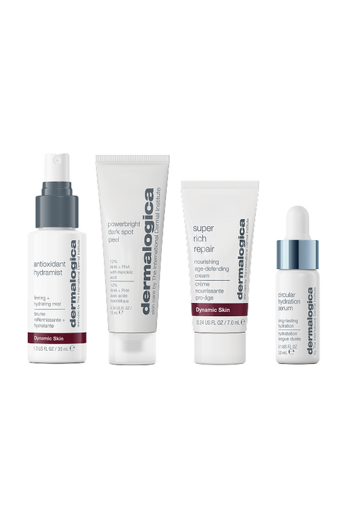 Four Dermalogica South Africa skincare trials (value of R1299) are arranged in a row on a white background, featuring the Antioxidant Hydramist spray, PowerBright Dark Spot Serum, Super Rich Repair cream, and Circular Hydration Serum.