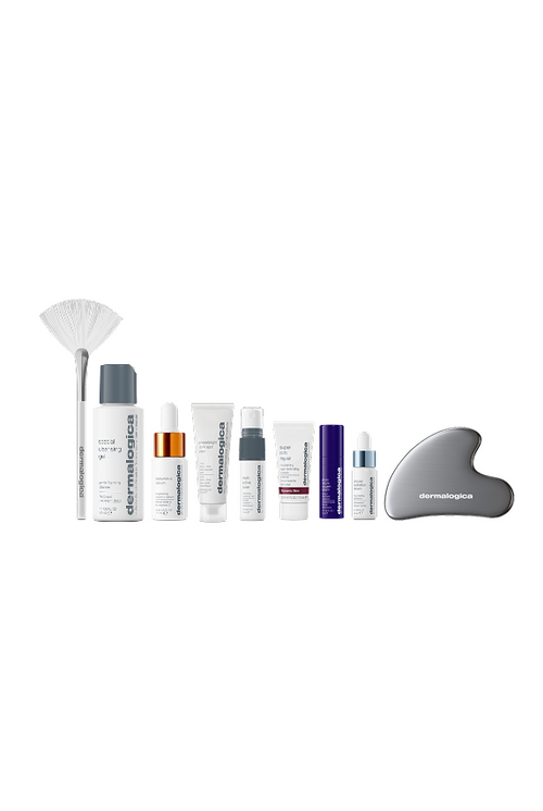 A selection of Dermalogica South Africa products—4 trials, 2 travel sizes, and 2 tools (valued at R2599)—are arranged neatly in a row against a white background.