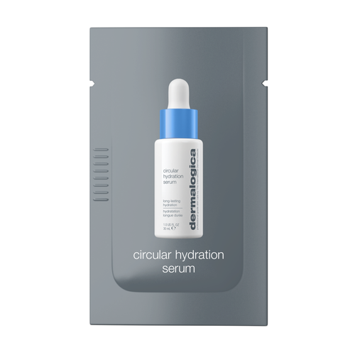 A gray packet displays a white and blue Dermalogica dropper bottle labeled "circular hydration serum sample" in the center, with the product name printed below the image.