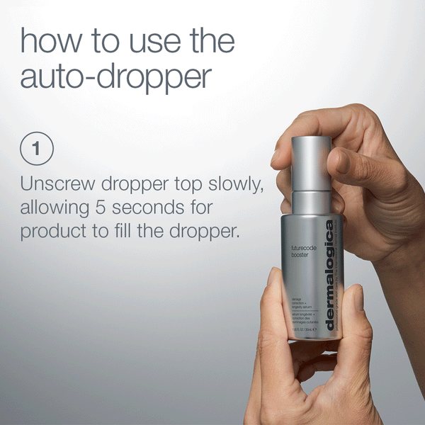 A hand holds a silver Dermalogica South Africa futurecode booster damage-correcting longevity serum bottle, with text instructing to unscrew the dropper slowly, wait 5 seconds for the serum to fill, and explaining how to use this skin repair auto-dropper.