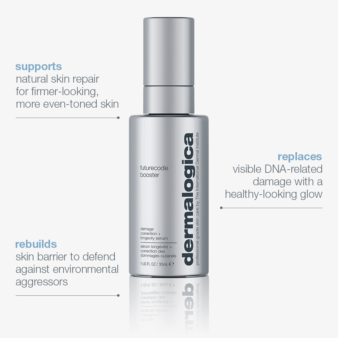 A silver bottle of Dermalogica South Africa futurecode booster damage-correcting longevity serum is centered on a white background. Blue and gray text highlights skin repair, wrinkle reduction, DNA damage correction, and skin barrier rebuilding.
