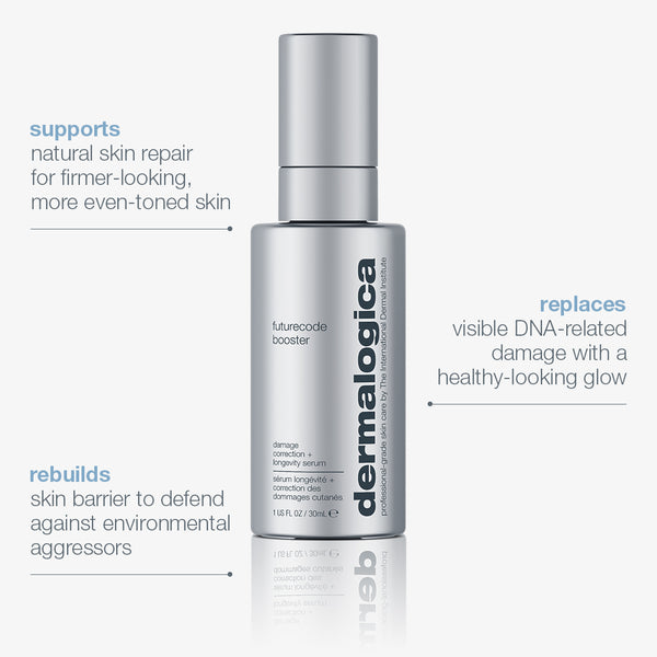 A silver bottle of Dermalogica South Africa futurecode booster damage-correcting longevity serum is centered on a white background. Blue and gray text highlights skin repair, wrinkle reduction, DNA damage correction, and skin barrier rebuilding.