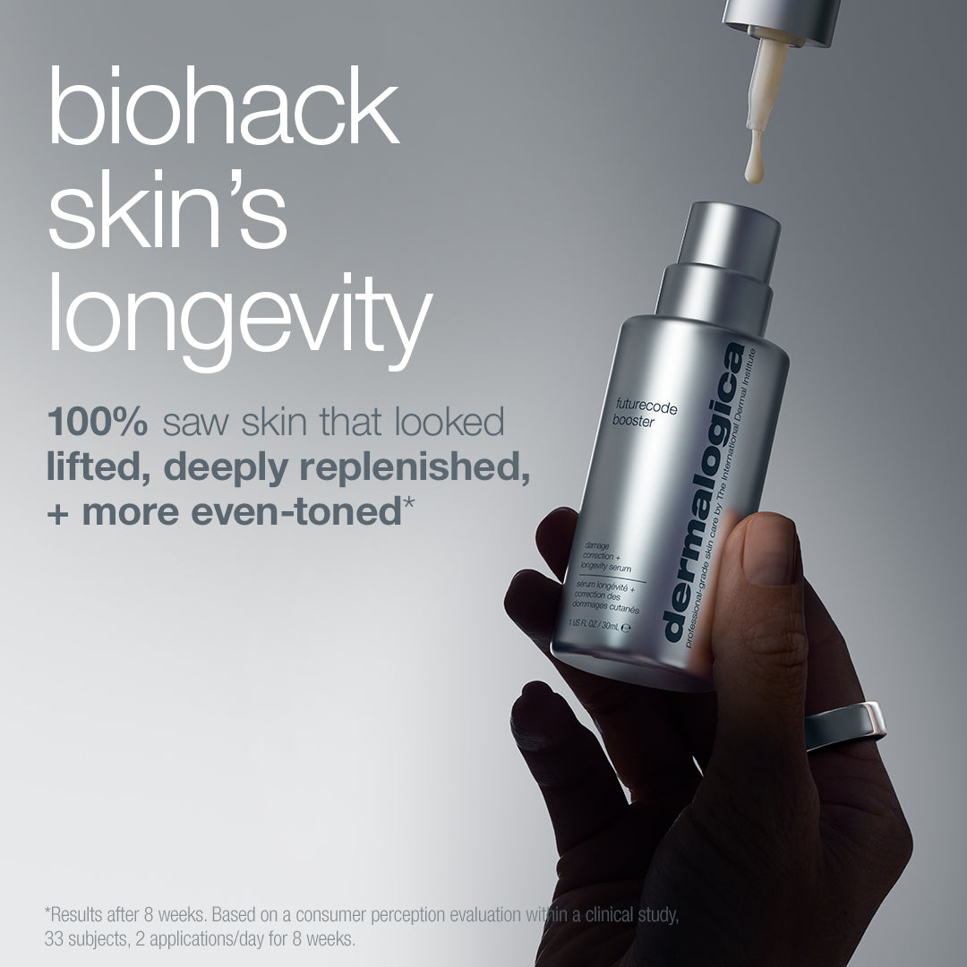 A hand holds a bottle of Dermalogica South Africa's futurecode booster damage-correcting longevity serum as drops fall from a dropper, with text citing skin repair, deep replenishment, and fewer wrinkles per an 8-week clinical study.