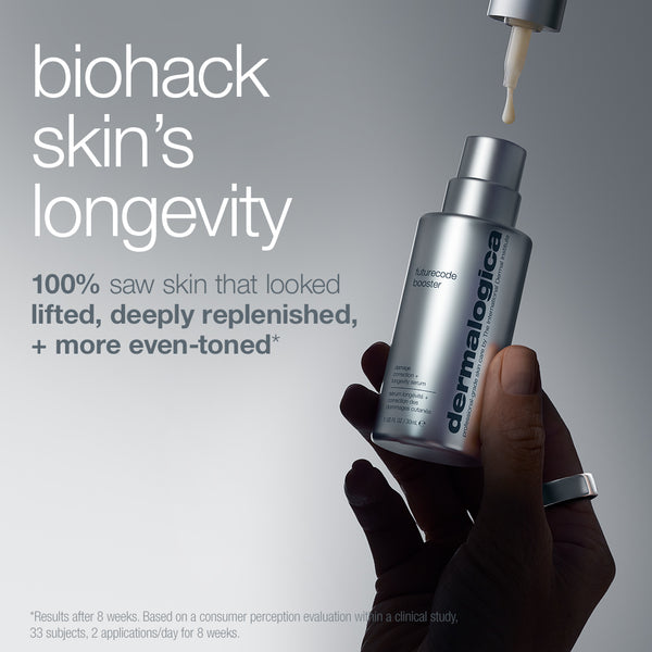 A hand holds a bottle of Dermalogica South Africa's futurecode booster damage-correcting longevity serum as drops fall from a dropper, with text citing skin repair, deep replenishment, and fewer wrinkles per an 8-week clinical study.
