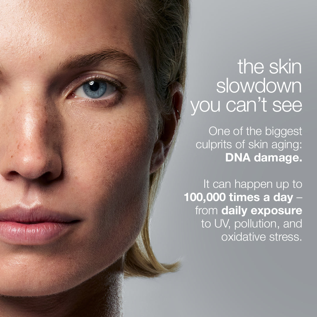 A close-up of a woman's face with text: DNA damage, a key cause of skin aging, can happen 100,000 times daily from UV and pollution—showing the need for Dermalogica South Africa’s futurecode booster damage-correcting longevity serum to help reduce wrinkles.