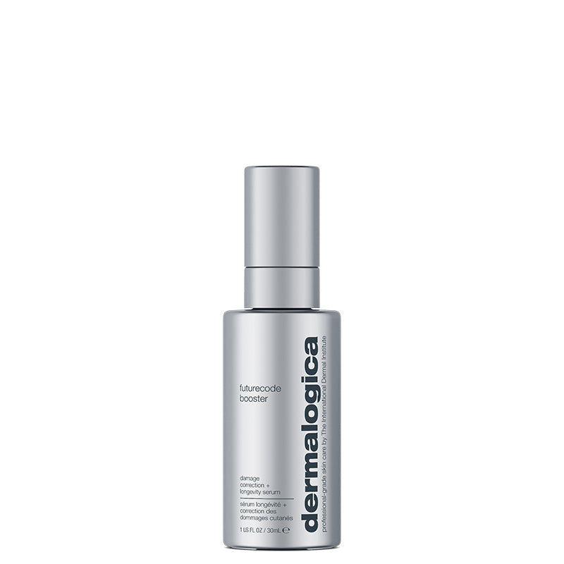 A silver bottle of Dermalogica South Africa futurecode booster damage-correcting longevity serum with a pump dispenser stands upright on a white background, featuring the brand name printed vertically along the side.