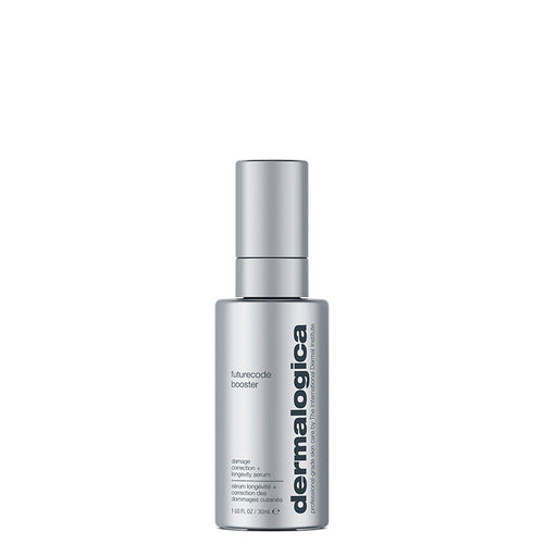 A silver bottle of Dermalogica South Africa futurecode booster damage-correcting longevity serum with a pump dispenser stands upright on a white background, featuring the brand name printed vertically along the side.