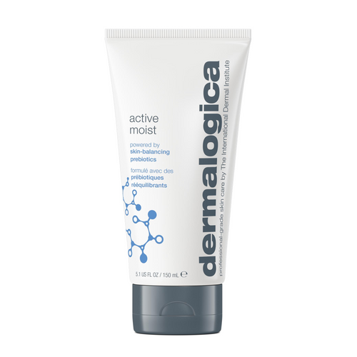 A 150 ml (5.1 fl oz) white tube of Dermalogica active moist features dark gray text, blue molecular graphics, and a gray flip cap. It is formulated with plant extracts to help combat surface dehydration.