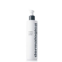 A white Dermalogica Intensive Moisture Cleanser bottle with a pump, gray and black text, stands upright on a white background. This creamy cleanser with BioReplenish Complex is ideal for dry skin.