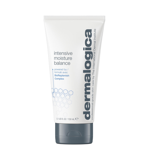 A 150 ml (5.1 fl oz) white tube of Dermalogica intensive moisture balance, featuring gray and blue text, a silver-gray cap, and hexagonal designs on the left. Helps restore lipid balance and support the skin barrier.