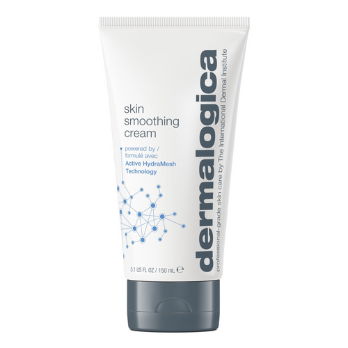 A 150 mL tube of Dermalogica skin smoothing cream with blue scientific graphics, highlighting Active HydraMesh Technology and Hyaluronic Acid Complex for continuous hydration on a white background.