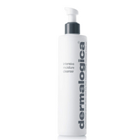 A white Dermalogica intensive moisture cleanser bottle with a pump and gray text stands upright on a plain white background—a creamy, minimalist cleanser ideal for dry skin.