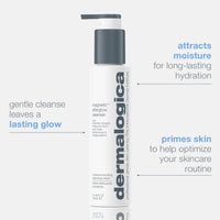 A white pump bottle of Dermalogica South Africa’s magnetic[+] afterglow cleanser is centered, with text highlighting its gentle cleansing action, hydrating hyaluronic acid, and the glowing skin prep it provides for your routine.