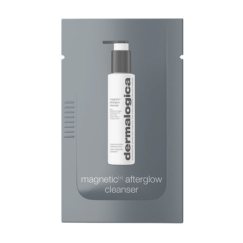 A sample packet of Dermalogica South Africa magnetic[+] afterglow cleanser sample, shown with its product name and a white pump bottle on a gray background.