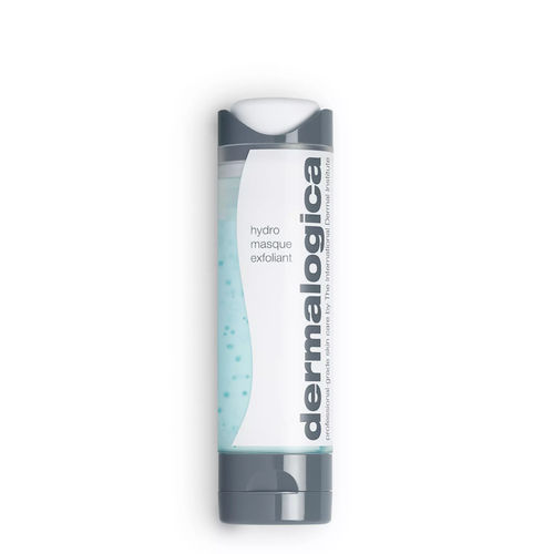 A tube of Dermalogica hydro masque exfoliant features blue gel with exfoliating bamboo beads, a gray and white cap, vertical Dermalogica branding, and hydrating benefits from snow mushroom extract.