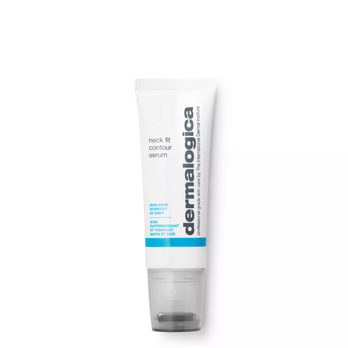 A white tube of Dermalogica neck fit contour serum with a gray pump cap and blue and black text stands upright against a plain white background.