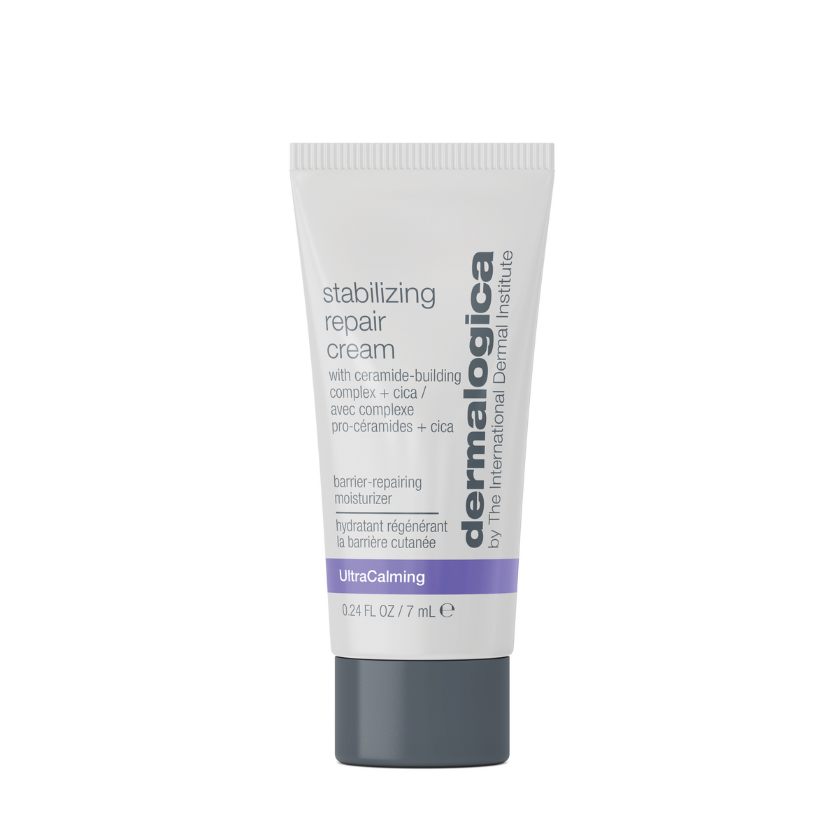 A small white squeeze tube of Dermalogica stabilizing repair cream 7ml with a grey cap and purple band.