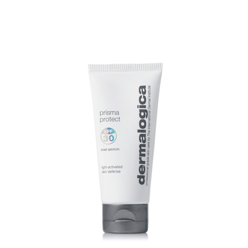 A white tube of Dermalogica prisma protect spf30, a multitasking SPF moisturizer with broad spectrum protection and a gray flip-top cap, stands upright on a white background.