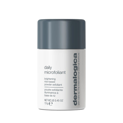 A white Dermalogica container with a dark gray cap labeled "gift | daily microfoliant travel 13g" contains a brightening rice-based powder exfoliant; net weight is 0.45 oz (13 g).