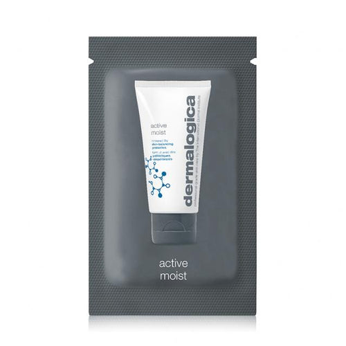 A sachet labeled "active moist sample" from Dermalogica South Africa contains a small tube with white and grey packaging featuring blue molecular graphics and product information.