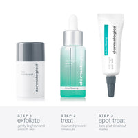 The Dermalogica active clearing kit includes a brightening serum, “daily microfoliant” in a grey and white tub, and a breakout treatment tube, all set against a white background.