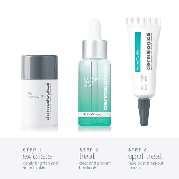 The Dermalogica active clearing kit is shown. Steps 1–3 outline how to exfoliate, apply a brightening serum, and treat breakouts using this kit for clearer skin.