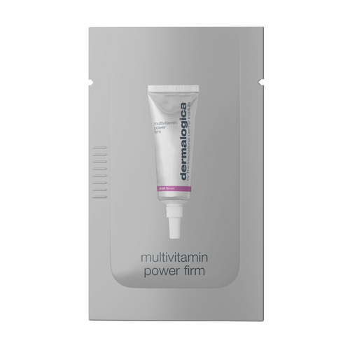 A sample sachet of Dermalogica multivitamin power firm, shown as a small tube on a gray background with the product name displayed below.