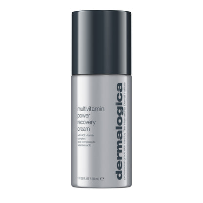 A silver and gray bottle of Dermalogica South Africa multivitamin power recovery cream with a black cap, featuring details on the front—an intensive moisturizer perfect for stressed skin.