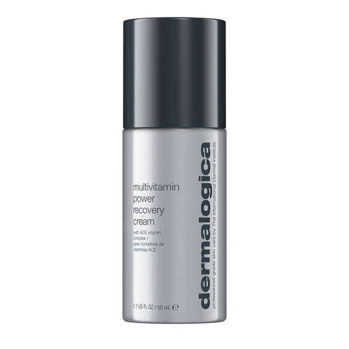 A silver and gray bottle of Dermalogica South Africa multivitamin power recovery cream with a black cap, featuring details on the front—an intensive moisturizer perfect for stressed skin.