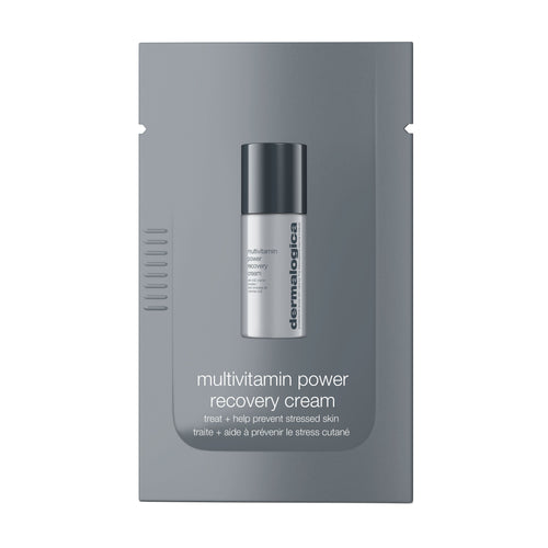 A silver and gray sample packet of Dermalogica South Africa multivitamin power recovery cream, featuring product text and a small bottle image on the front.