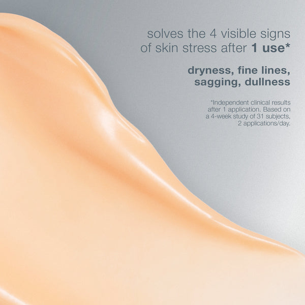 Dermalogica South Africa’s multivitamin power recovery cream, a smooth creamy beige moisturiser, is shown on the left. On the right: Solves 4 signs of skin stress after 1 use*: dryness, fine lines, sagging, dullness. *Based on clinical results.