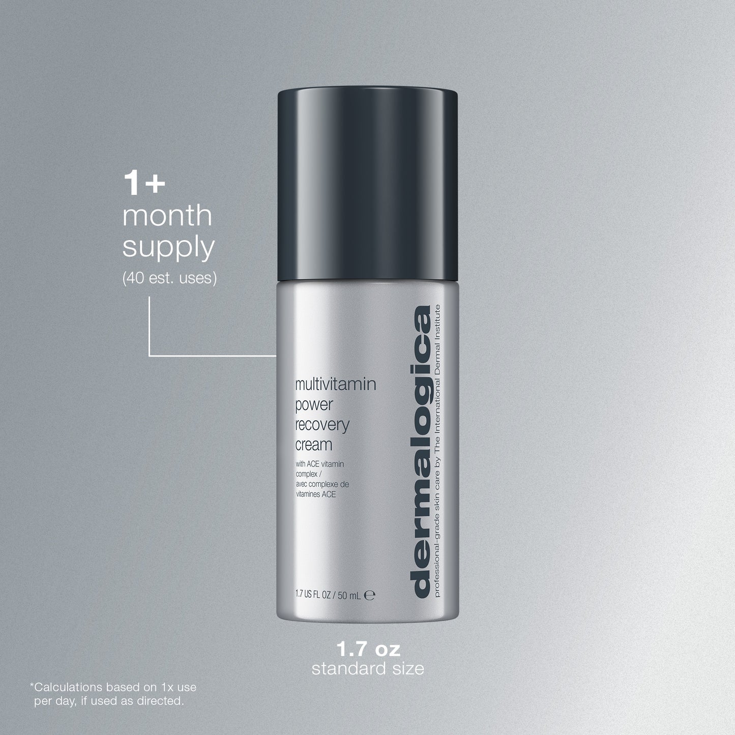 A silver and gray bottle of Dermalogica South Africa multivitamin power recovery cream (1.7 oz, 1+ month supply) is shown, a vitamin-rich moisturizer with vitamins ACE to boost skin resilience and support anti-aging care.