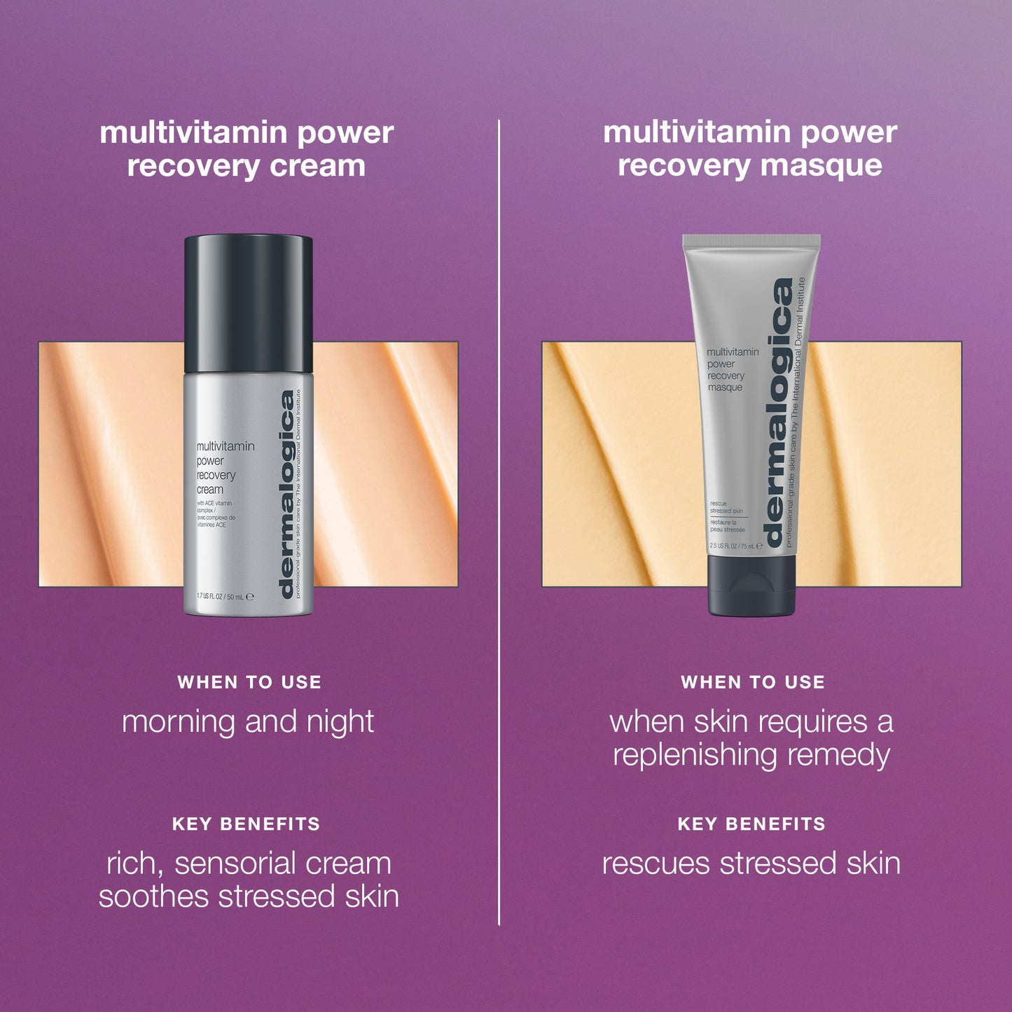 Side-by-side comparison of Dermalogica South Africa’s multivitamin power recovery cream and masque for stressed skin, showing when to use each anti-aging formula and their benefits, with product images on a light purple background.
