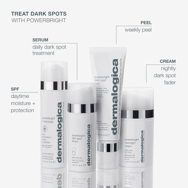 The Dermalogica South Africa powerbright dark spot peel 50ml features a sleek white bottle with silver accents and minimalist labeling, designed to target dark spots and hyperpigmentation for radiant skin.