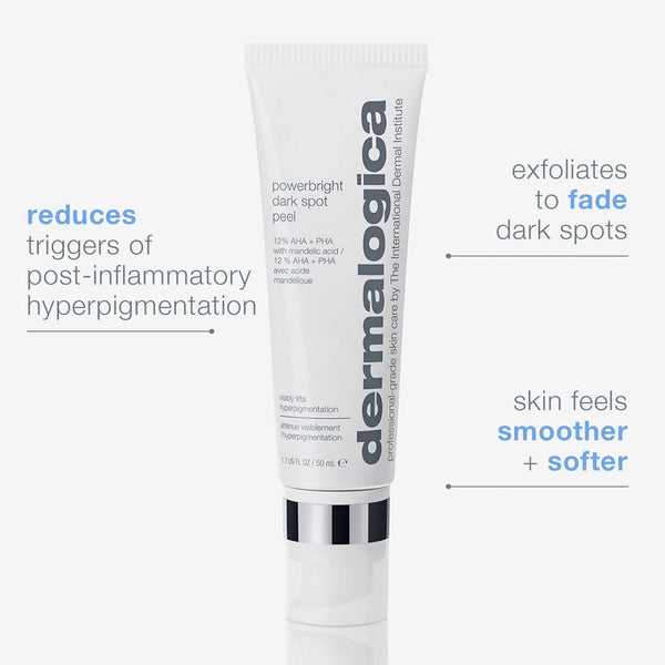 A 50ml tube of Dermalogica South Africa powerbright dark spot peel is shown on a light background, highlighting its ability to reduce dark spot triggers, exfoliate to fade hyperpigmentation, and smooth and soften skin.