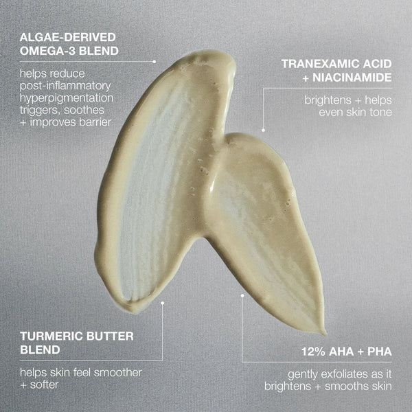A beige and cream swatch of Dermalogica South Africa’s powerbright dark spot peel 50ml is shown on a gray background, highlighting ingredients like algae-derived omega-3 blend, turmeric butter blend, tranexamic acid, niacinamide & 12% AHA + PHA.