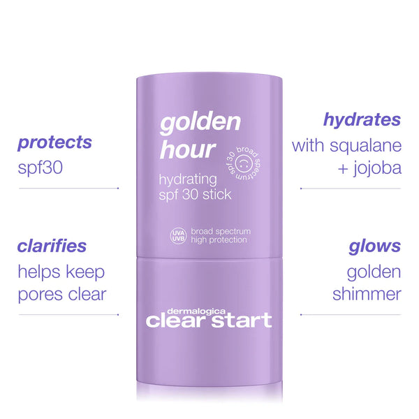 The golden hour hydrating spf30 stick by Dermalogica South Africa is a lavender tube that hydrates with squalane and jojoba, offers SPF30, pore-clarifying benefits, non-comedogenic formula, and adds a golden shimmer.