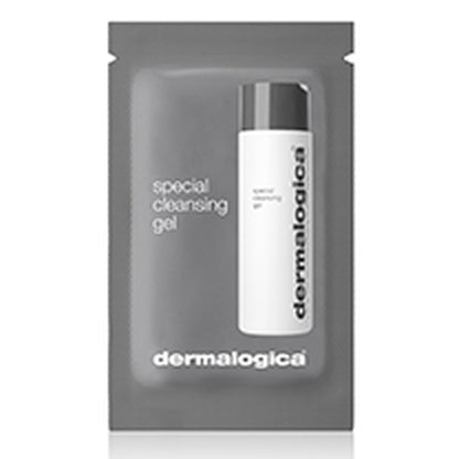 A sample packet of Dermalogica special cleansing gel comes in gray packaging with white text and contains a small white bottle with a gray cap.