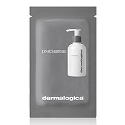 A gray sachet displays a white pump bottle labeled "precleanse" and "Dermalogica." The brand name Dermalogica is printed in white at the bottom of the precleanse oil sample packet.