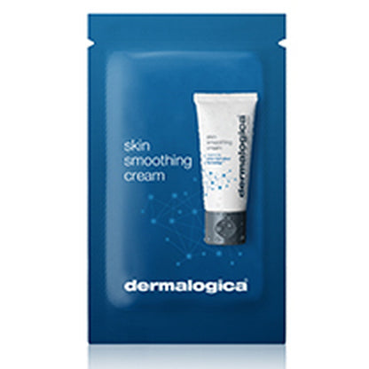 A blue packet of Dermalogica skin smoothing cream sample displays the product tube image and white text on the front.