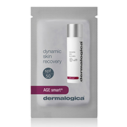 A single-use sachet of Dermalogica dynamic skin recovery sample, showcasing a white bottle with a silver cap and product details on the front.