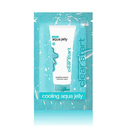 A sachet of Dermalogica cooling aqua jelly sample, shown in a white tube with blue text and graphics on a water-themed blue background.