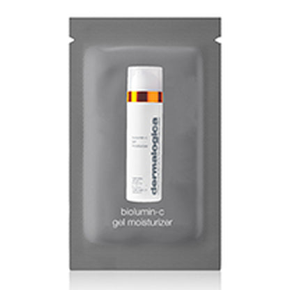 A sample sachet of Dermalogica biolumin-c gel moisturiser, showing the product image on a gray, rectangular packet with a tear-off top.