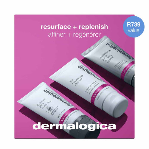 Three Dermalogica resurface + replenish kit tubes sit on a shiny pink surface. Text above reads “resurface + replenish” with French translation, and a blue circle highlights R739 value.