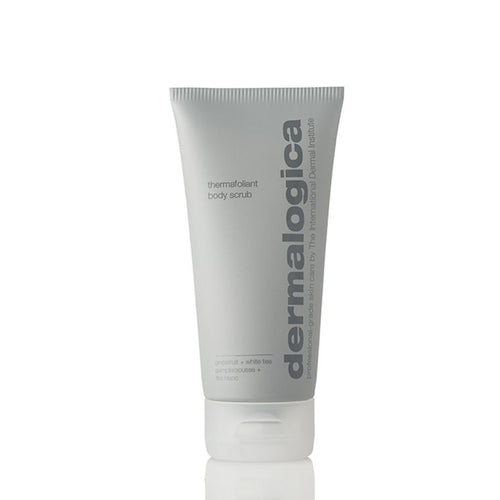 A grey tube of Dermalogica thermafoliant body scrub with dark grey text stands upright on a white background. This exfoliant works to remove dull skin and leave it feeling refreshed.