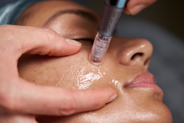 A close-up of a person's face during a Dermalogica plump peel treatment, as a technician applies the device under the eye and spreads clear gel on the cheek for professional-grade exfoliation.